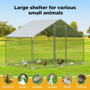 Chicken Coop Large Pet Cage, Thick Galvanized Metal Hen House with Waterproof Sun-Protective Cover